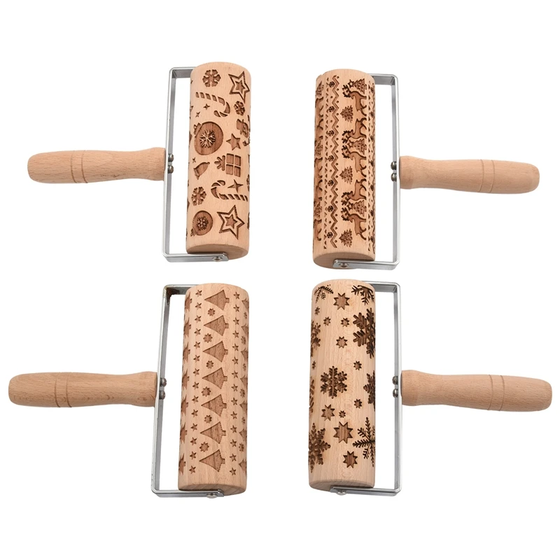 

Hand-Held Embossed Rolling Pins Christmas Wooden Hand Grip Engraved Rolling Pin For Baking Non-Stick Bossed Professional Dough R