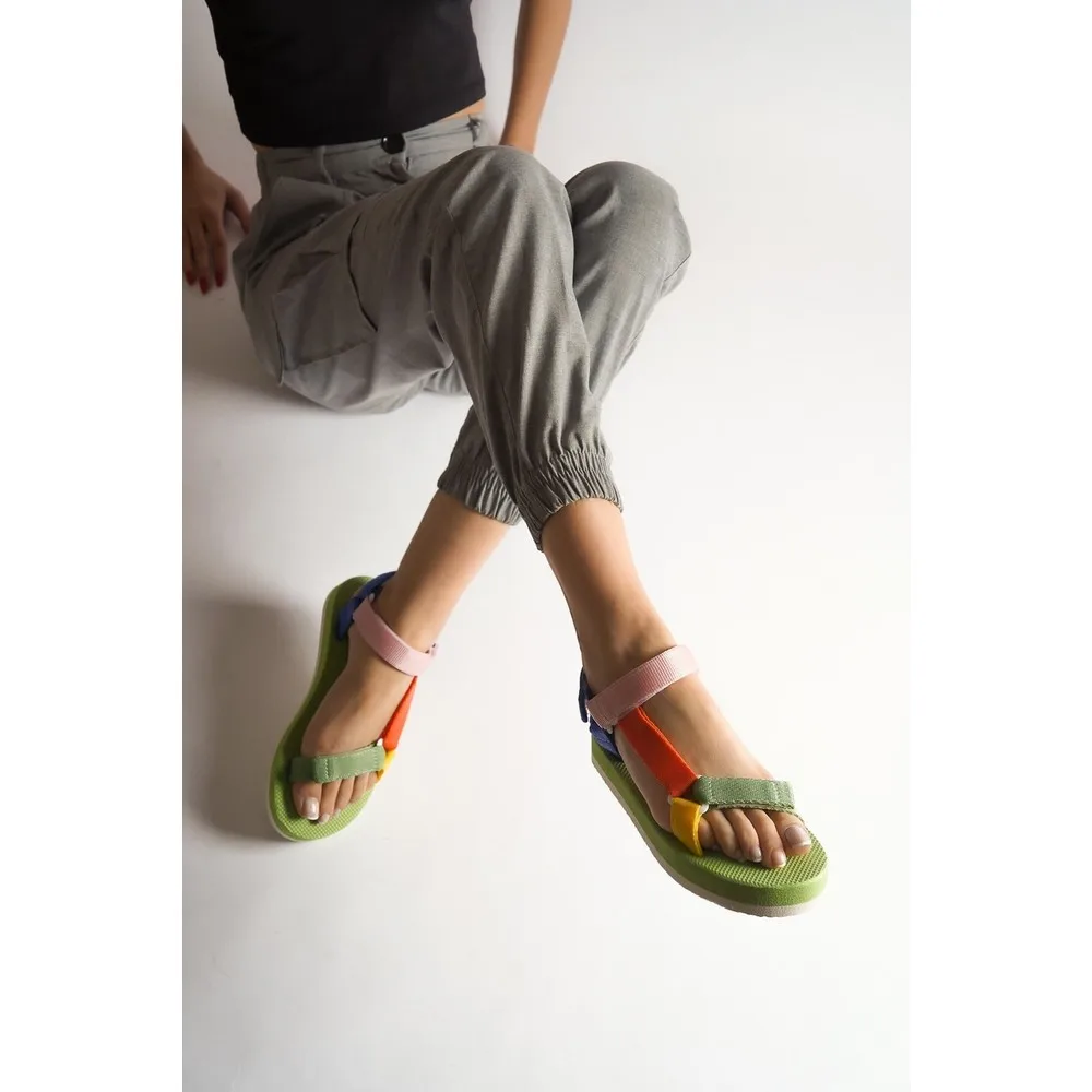 

Dorlie Bonita Beige Green Orange Color Velcro Detailed Multi-Light Sandals