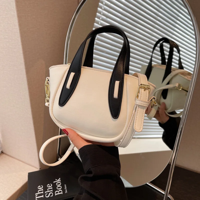 New Fashion Contrast Handbags PU Textured Single Shoulder Crossbody Bag Women's Casual Simple Bucket Satchel Commuting Versatile