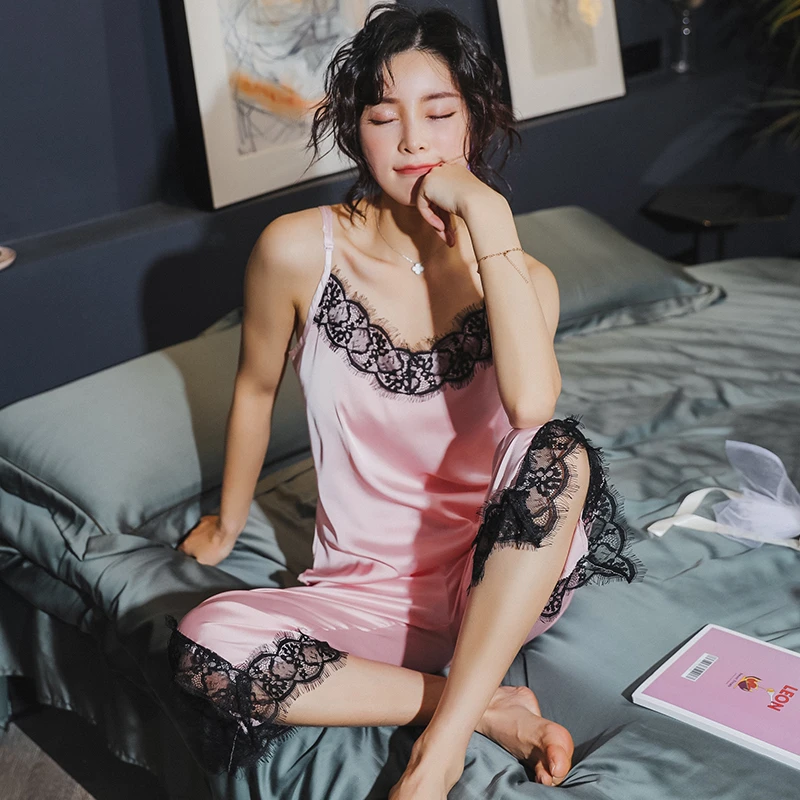 CAIYIER Pink Sexy Lace Silk Pajamas Set Sleeveless V-Neck Cami Top Female Nightwear Spaghetti Strap Lingerie Sleepwear M-XL