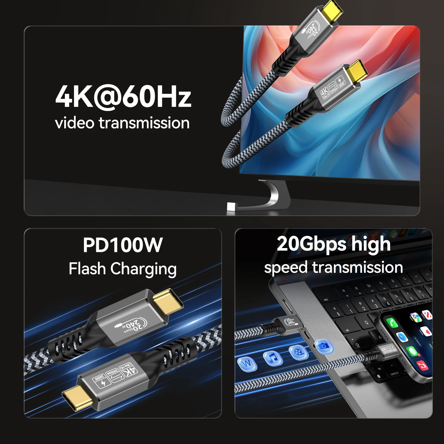 Thunderbolt 3 USB 3.2 Type-C 20 Гбит/с 240 Вт Кабель для быстрой зарядки 4K папа-папа Линия