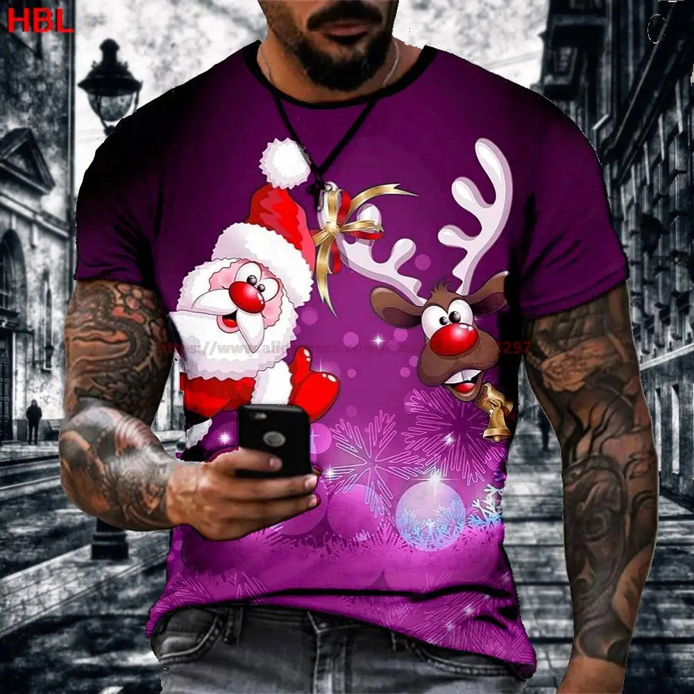 

2022 New Christmas Gift Men's T-Shirt Short Sleeve Santa Claus Elk Print Fashion Casual Street Harajuku Top O-Neck 6xl Dress