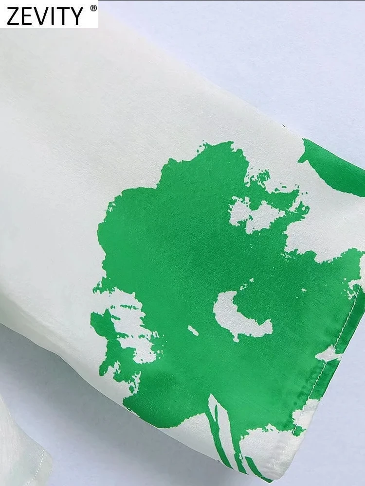 Zevity Женская мода ворсовый Воротник Плиссированные зеленые листья принт атласная