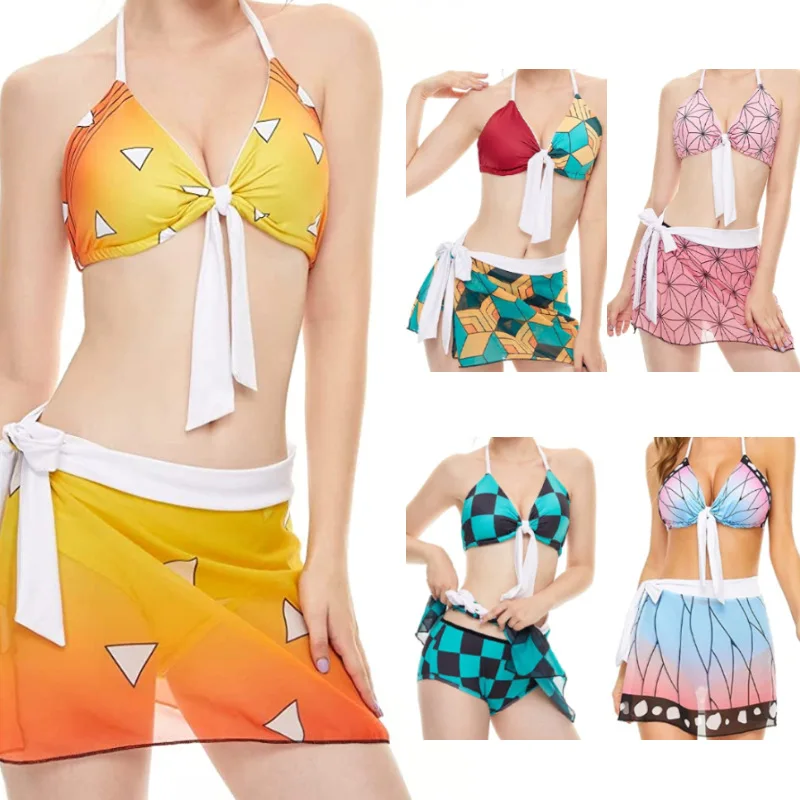 

Demon Slayer Swimsuit Kochou Shinobu Cosplay Costume Three Piece Bikini Beach Swimsuit Set Women Summer Swimwear Bathing Suit