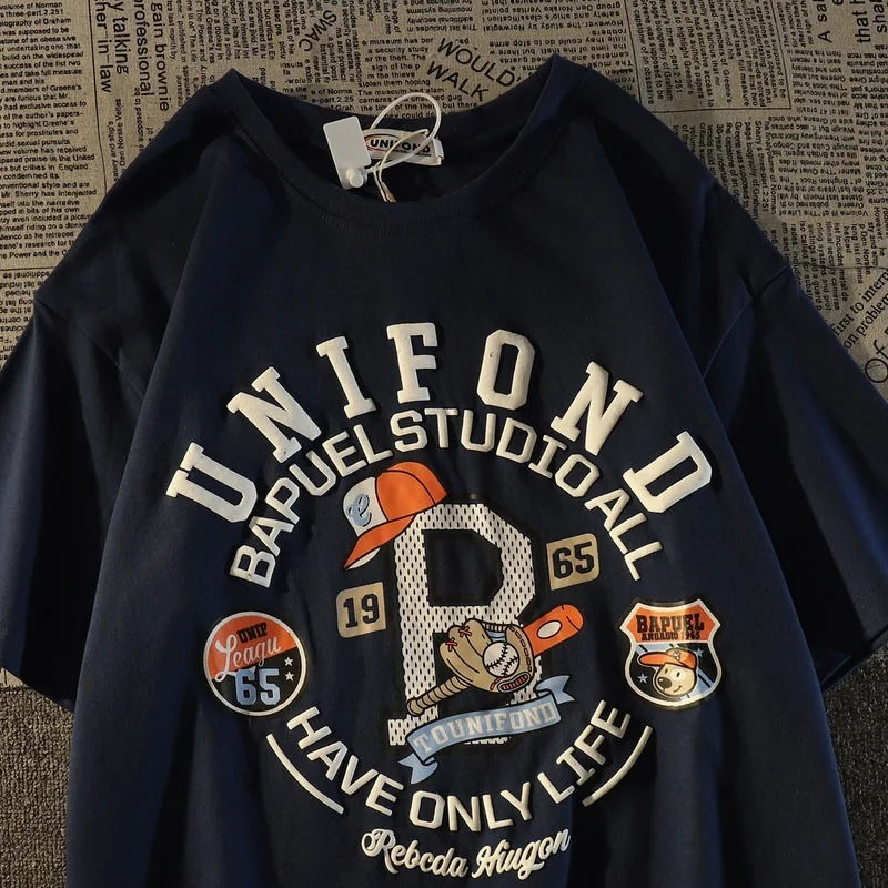 

Винтажная Униформа с графическим рисунком Бейсбольного элемента, футболки большого размера с круглым вырезом, топы в стиле хип-хоп для мужч...