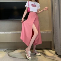 fashion 2022 women skirts solid autumn high waist cute lace up girls one piece skirt pink mid calf length basic skirt for women