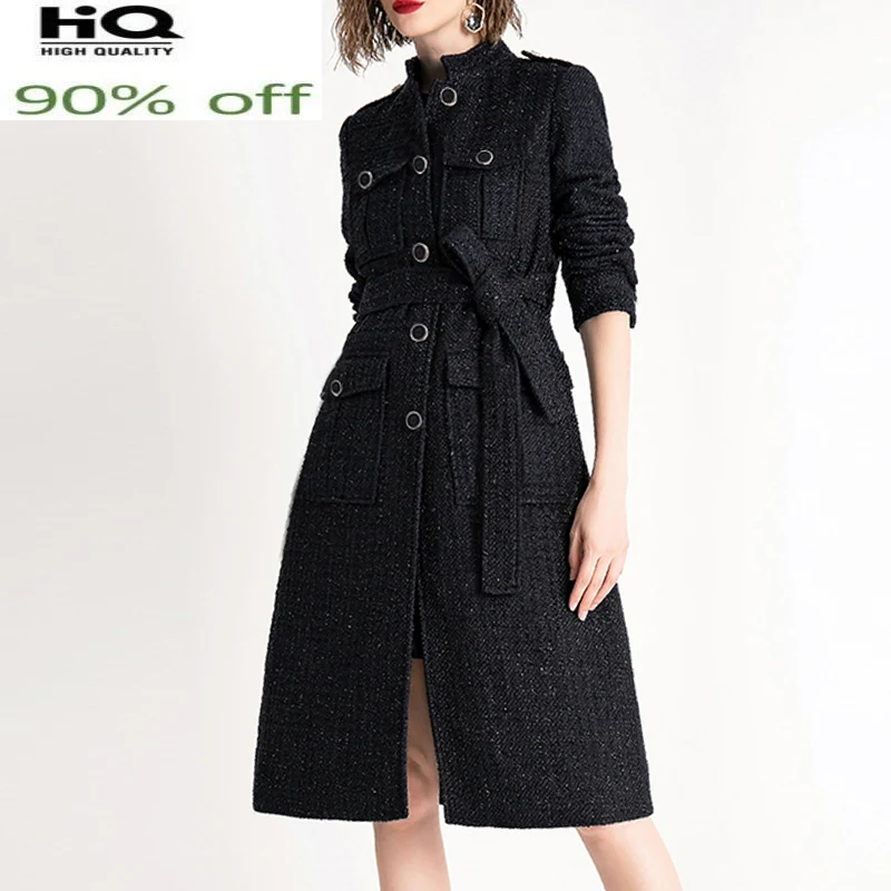 

Tweed Black coat Long autumn /winter women's Business ladies one-piece bright wire braided tweed jacket