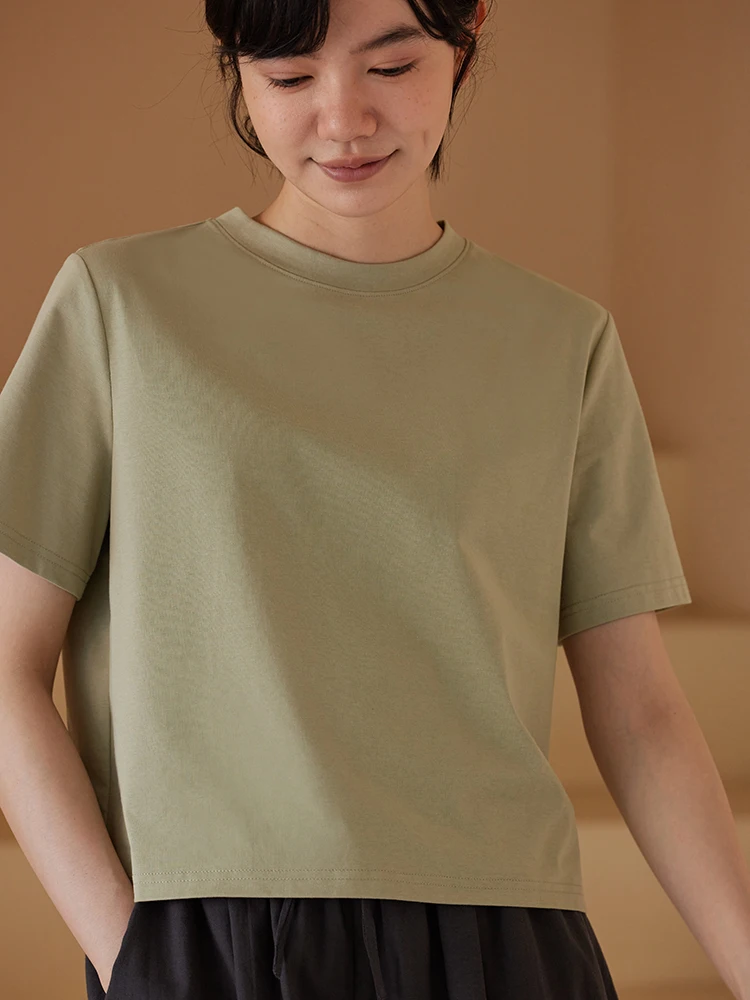 Miss Haitou Summer Avocado Sorona Long-staple Cotton Back Slit Design Short sleeve round Neck T-shirt Women