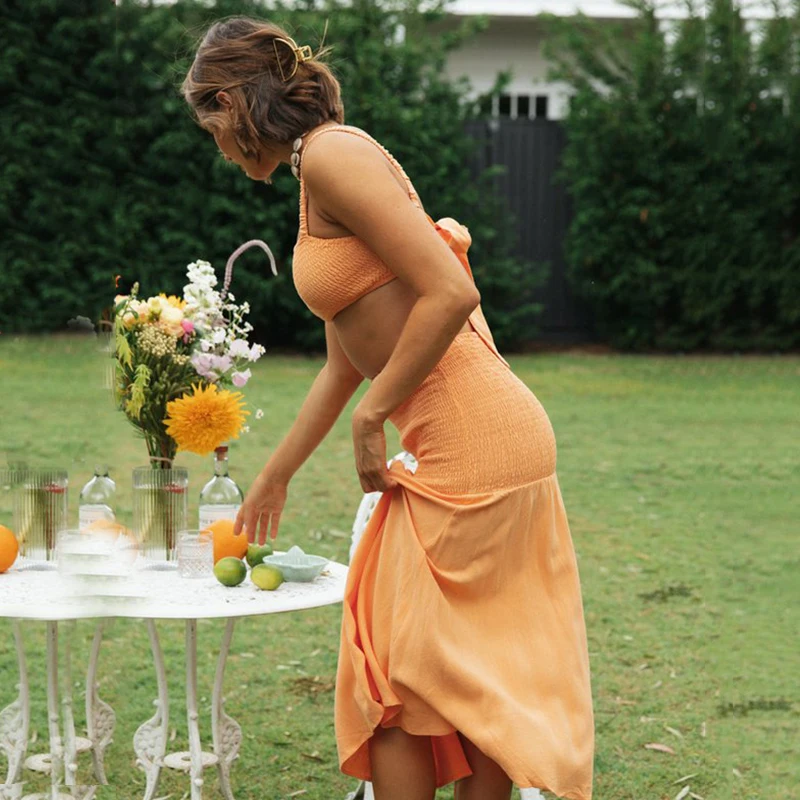 Ardm Sexy Square Neck High Waist Solid A-Line Holiday Sleeveless Backless Boho Summer Dresses For Women 2022 Party Two Piece Set