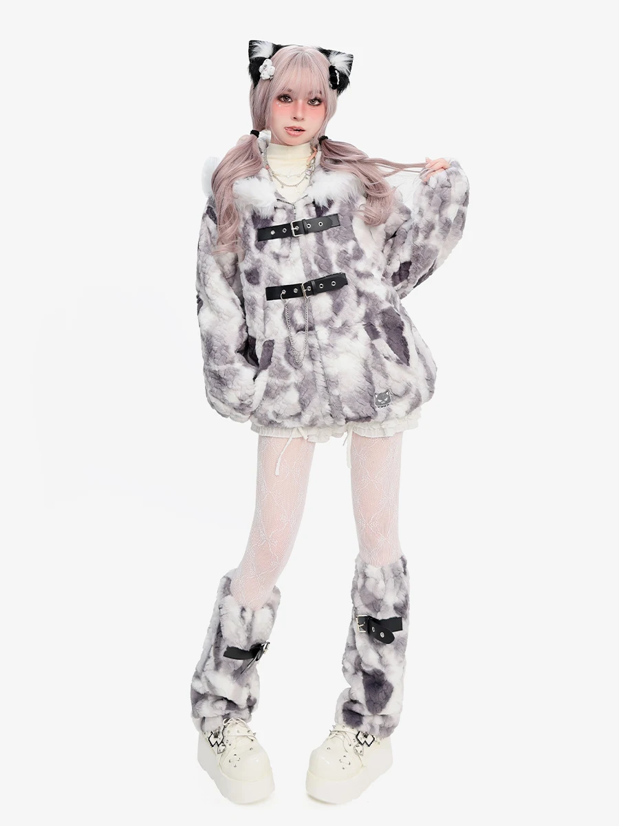 Уличное милое крутое панк-стиль Y2K Пальто с плюшевыми кошачьими ушками и