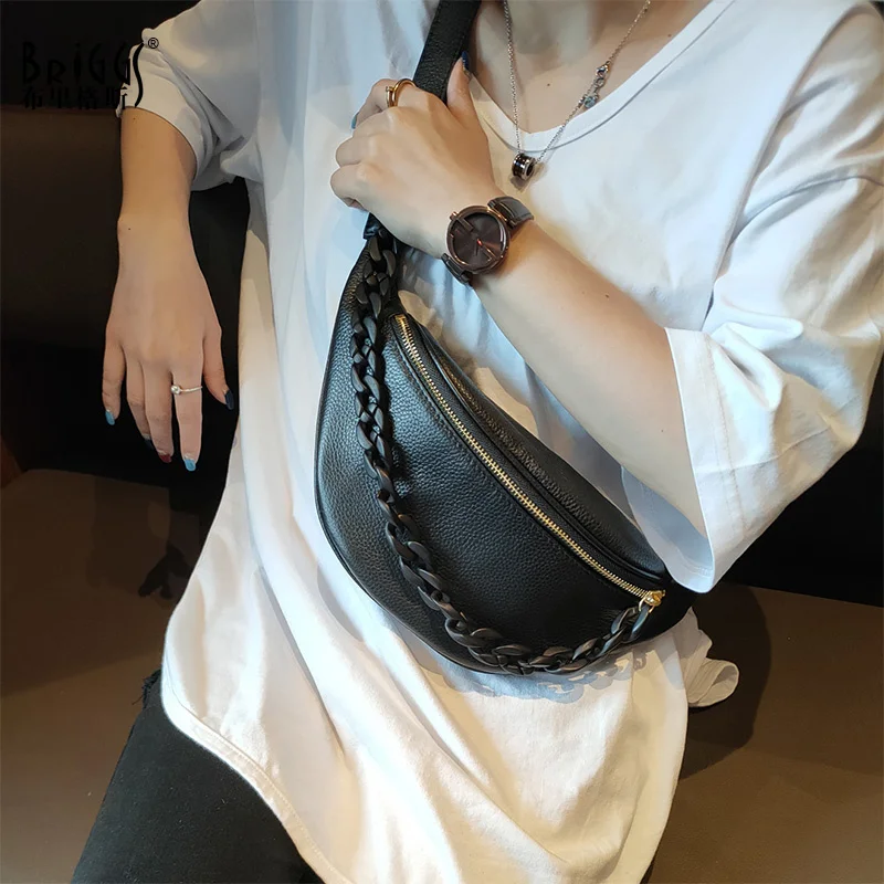 

Fashion Black Acrylic Chains Chest Bags Women Designer Genuine Leather Crossboday Bag Zip Pocket Money Phone Chest Pack Belt Bag