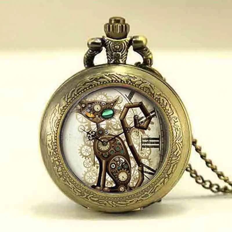 Mechanical Steampunk Cat Pocket Watch Necklace Steampunk Clock Necklace Steampunk Jewelry Cat Pocket Watches Chain Time Mens