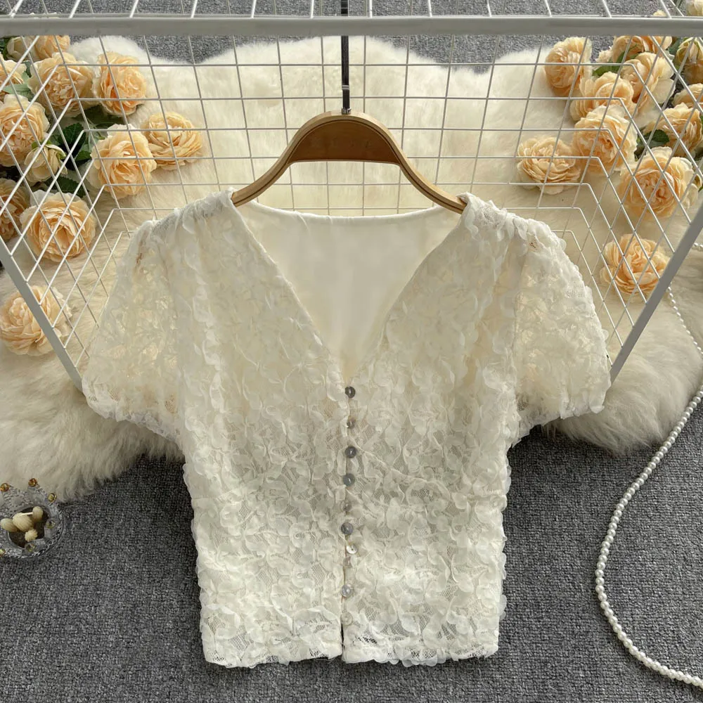 

Женская кружевная рубашка с V-образным вырезом и коротким рукавом