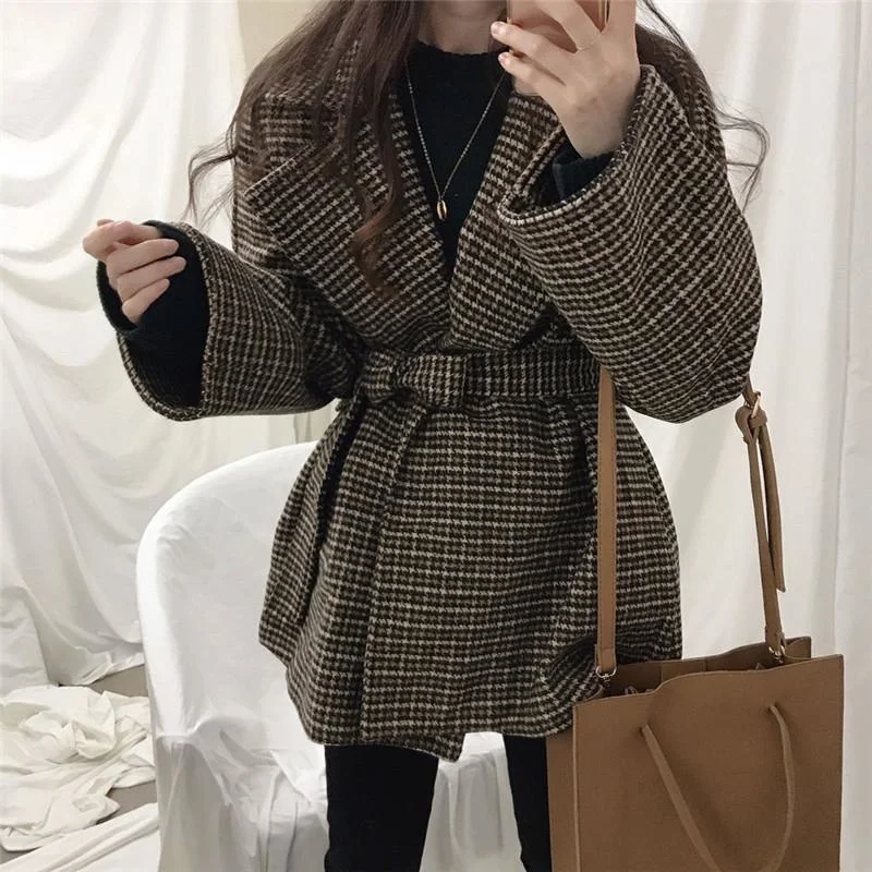 

Jacket Fashion Thick Winter Warm Elegant Outerwear Plaid Sashes Korean Trendy Leisure Vintage Woolen Blends Women