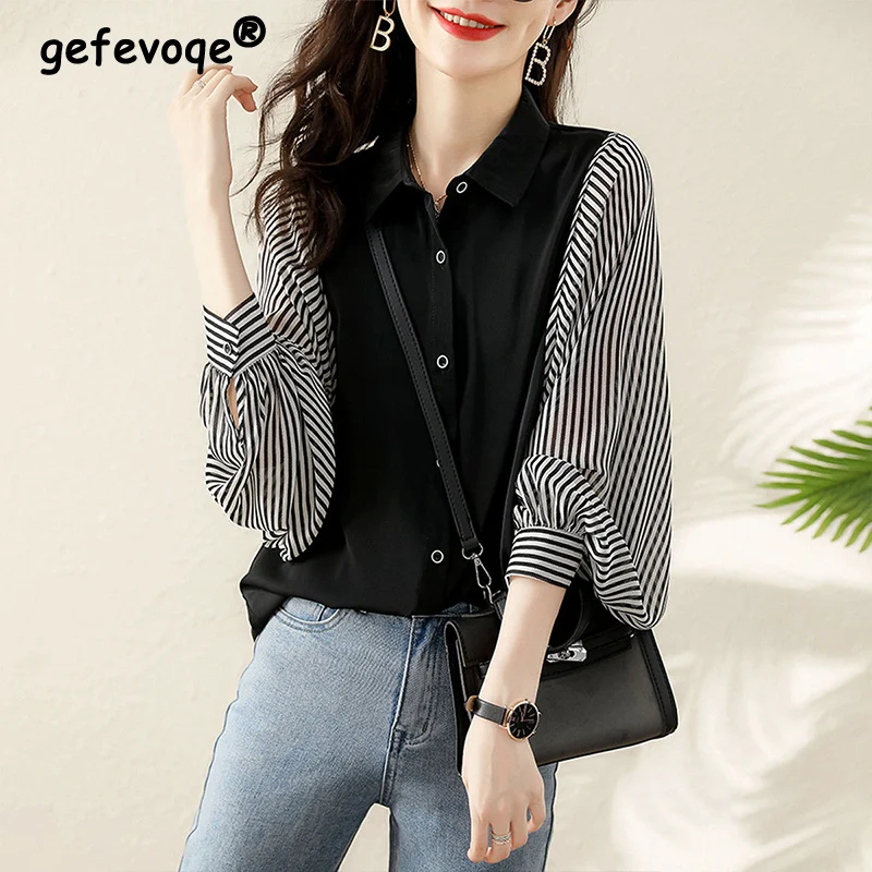 

Spring Autumn Casual Fashion Shirt Women Korean Striped Stitching Long-sleeved Lady Blouse Aesthetic Loose All Match Tops Female