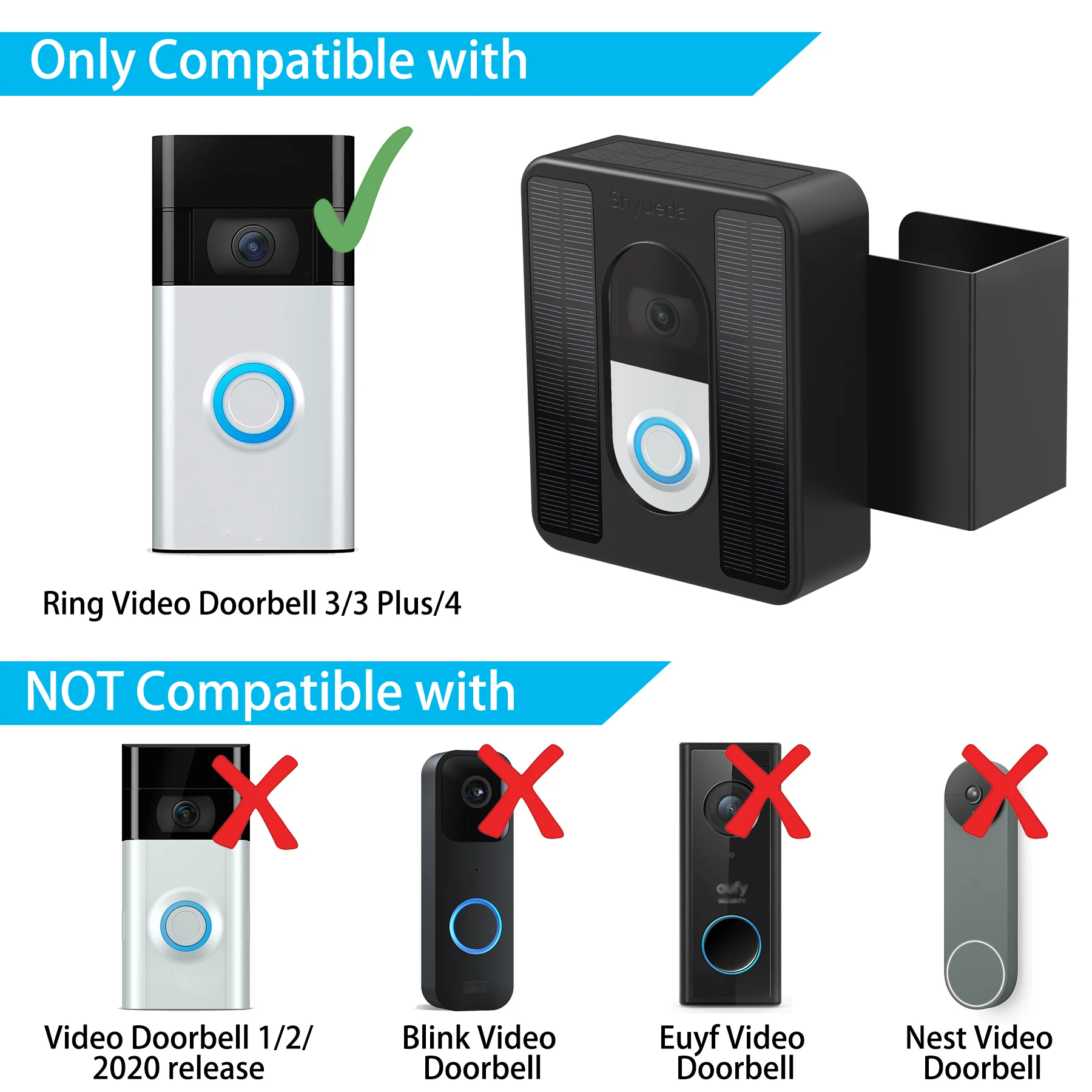 Solar charger Panel Anti Theft Video Doorbell Bracket Mount for ring doorbell 3/3 Plus/4