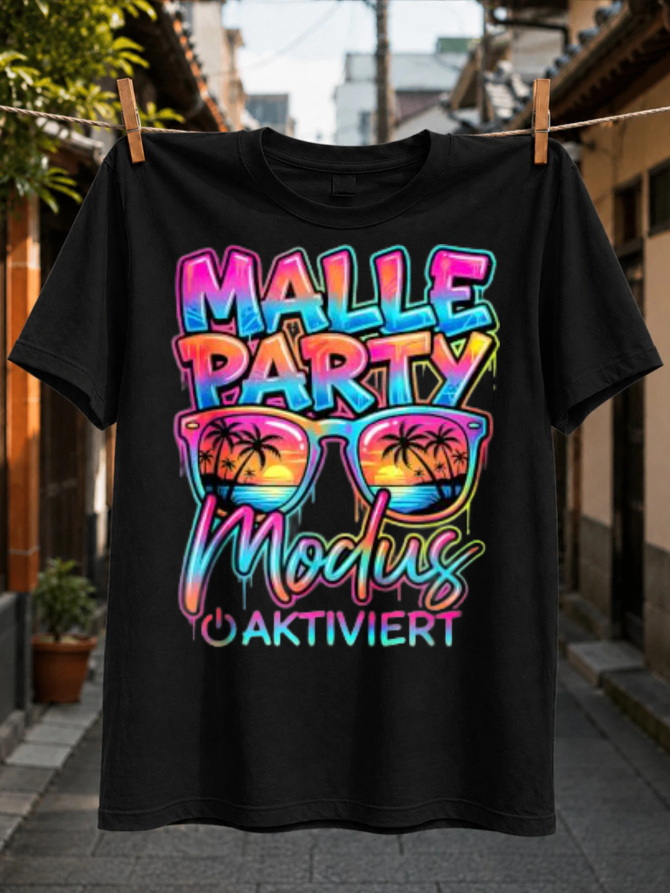 Фото Футболка German Malle Party Modus Aktiviert с неоновым граффити-надписью в стиле радуги, изображением тропического заката и пальм, унисекс. №1