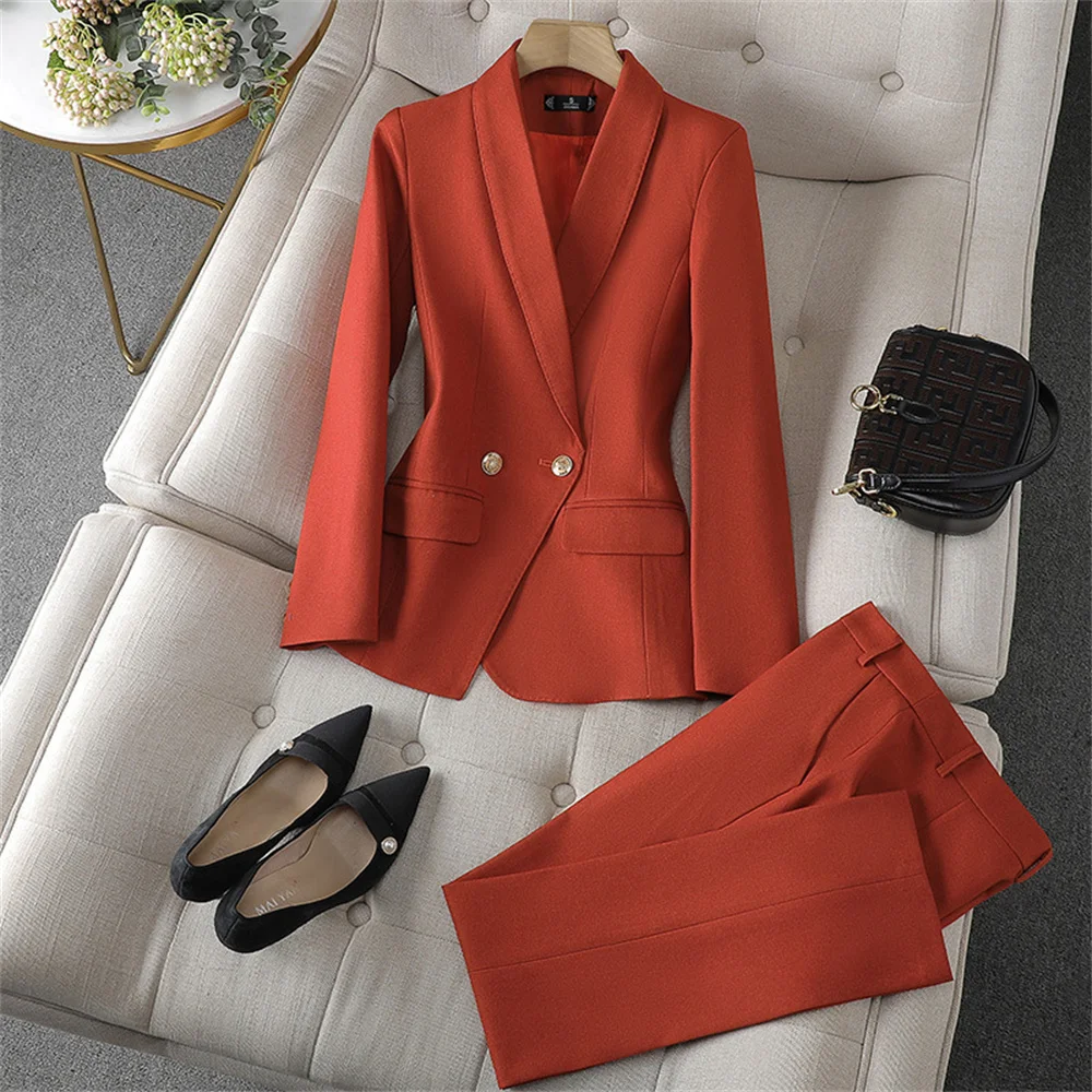 Elegant Women Blazer Pant Sets Red Orange Black Green Jacket Trouser 2 Piece Set Formal Office Lady Work Wear Business Suits