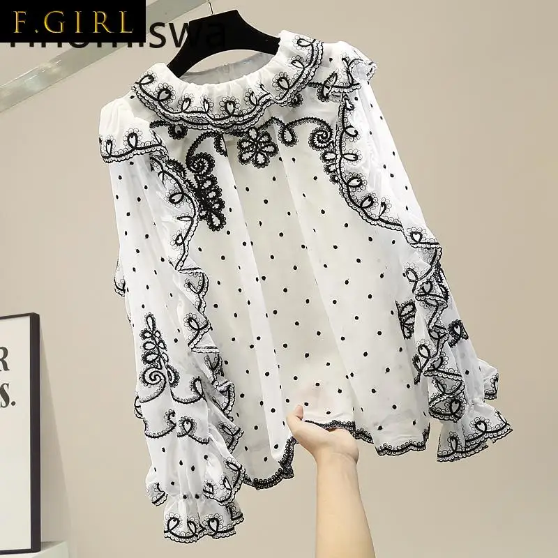 F GIRLS  Elegant Embroidery Chic Blouse Women All-match Ruffle Patchwork Puff Sleeve Shirts Contrast Color O Neck Tops Ladies