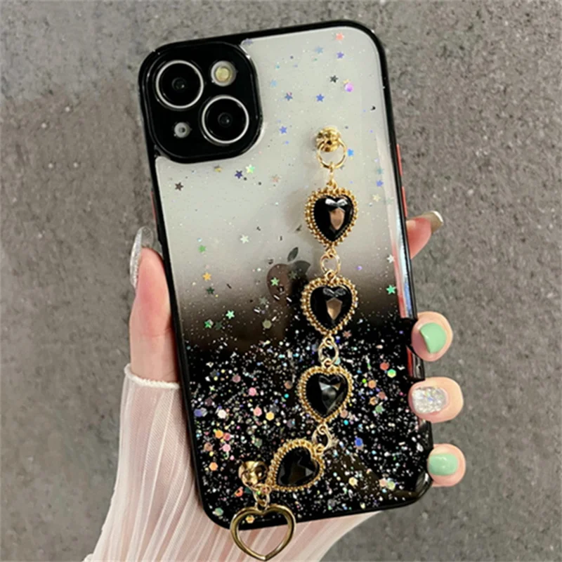 

For iPhone 14 13 12 Pro Max 11 Luxury Glitter Clear Phone Cover Shockproof Heart Pattern Metal Chain Slim Transparent Back Case