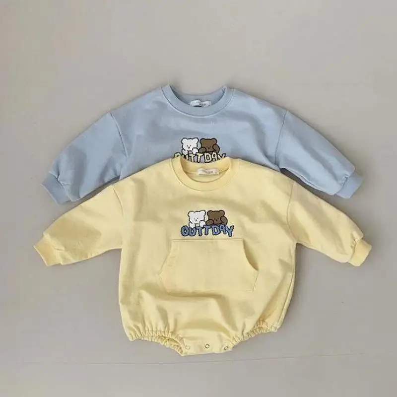 

Милый простой тонкий однотонный комбинезон с длинными рукавами для новорожденных мальчиков с мультяшным медведем карманами хлопковое мил...