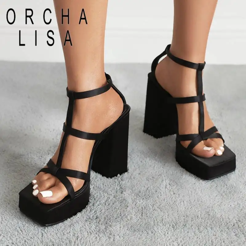 

ORCHA LISA Women Sandals Square Toe Block Heel 12cm Ultrahigh Platform 3cm Buckle T-strap Big Size 40 41 Dating Female Shoes