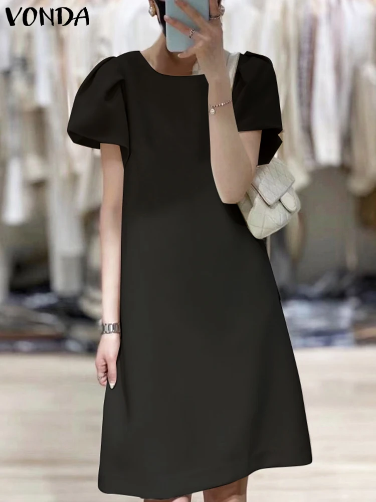 

Elegant Mini Dress Women 2023 VONDA Summer Round Neck Solid Color Party Sundress Fashion Casual Short Puff Sleeve Loose Vestidos