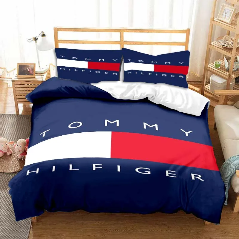 

T-Tommy-hilfiger Printed Fashion Bedding Set Exquisite Gift Duvet Cover Double Bed King Size Bedding Set Bed Three-piece Set