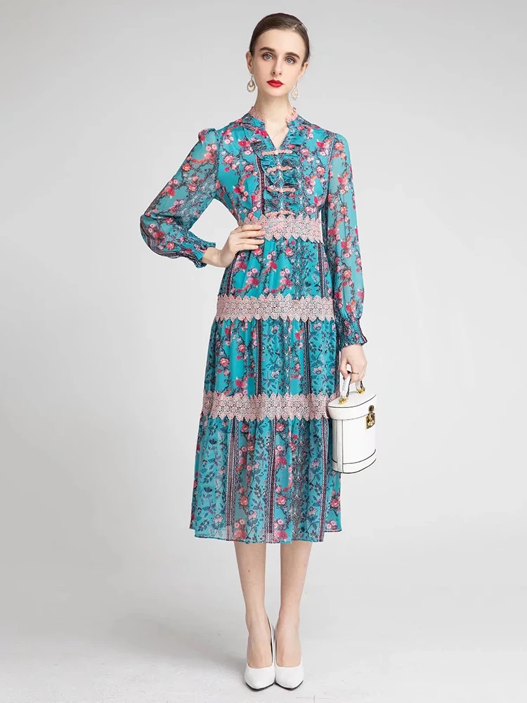 

Женское длинное платье Svoryxiu, дизайнерское винтажное платье с длинными рукавами и цветочным принтом, лоскутное платье с вышивкой и аппликац...