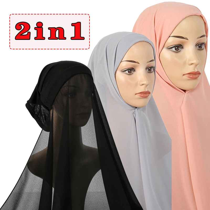 

Fashion Hijab With Cap Heavy Chiffon Jersey Hijab Scarf For Women Veil Muslim Islam Hijab Cap Scarf For Muslim Women Headscarf