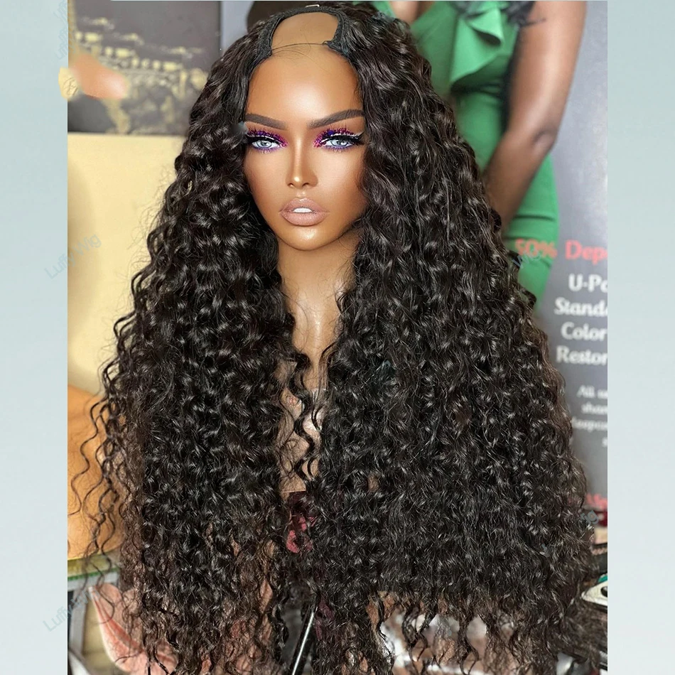

24 inch Natural Black Kinky Curly U Part Wig European Remy Human Hair Long Glueless Jewish Soft Wig For Black Women Daily