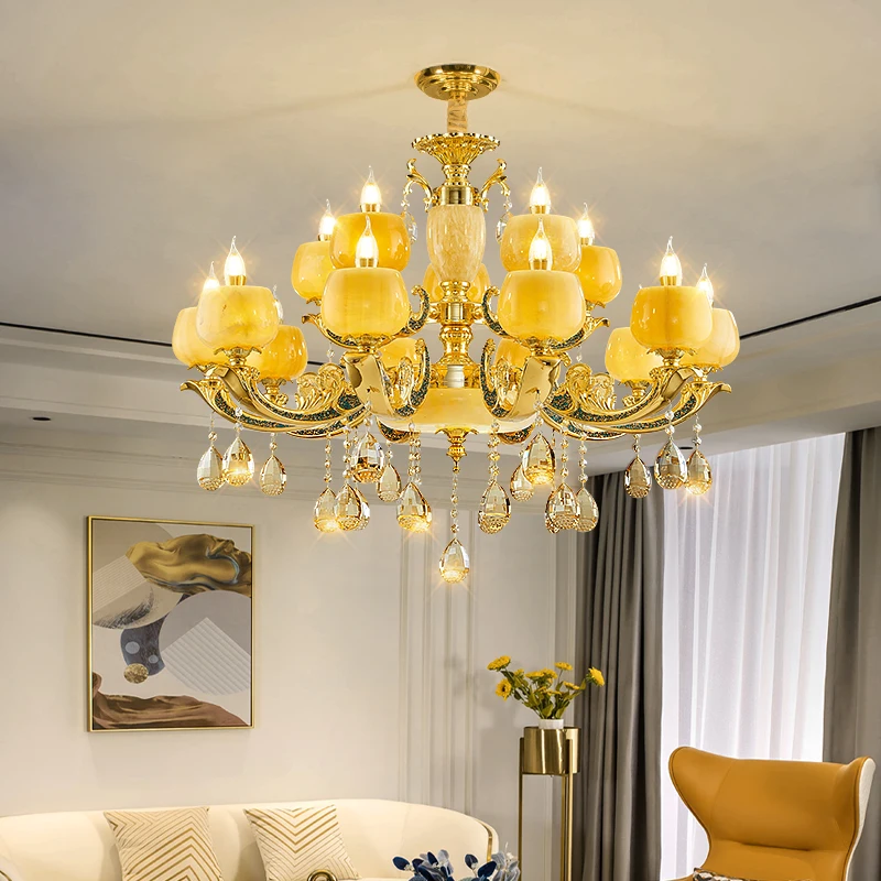 

European Style Jade Crystal Chandelier Dining Room Bedroom Lamp Luxury Natural Marble Living Room Pendant Light and Lanterns