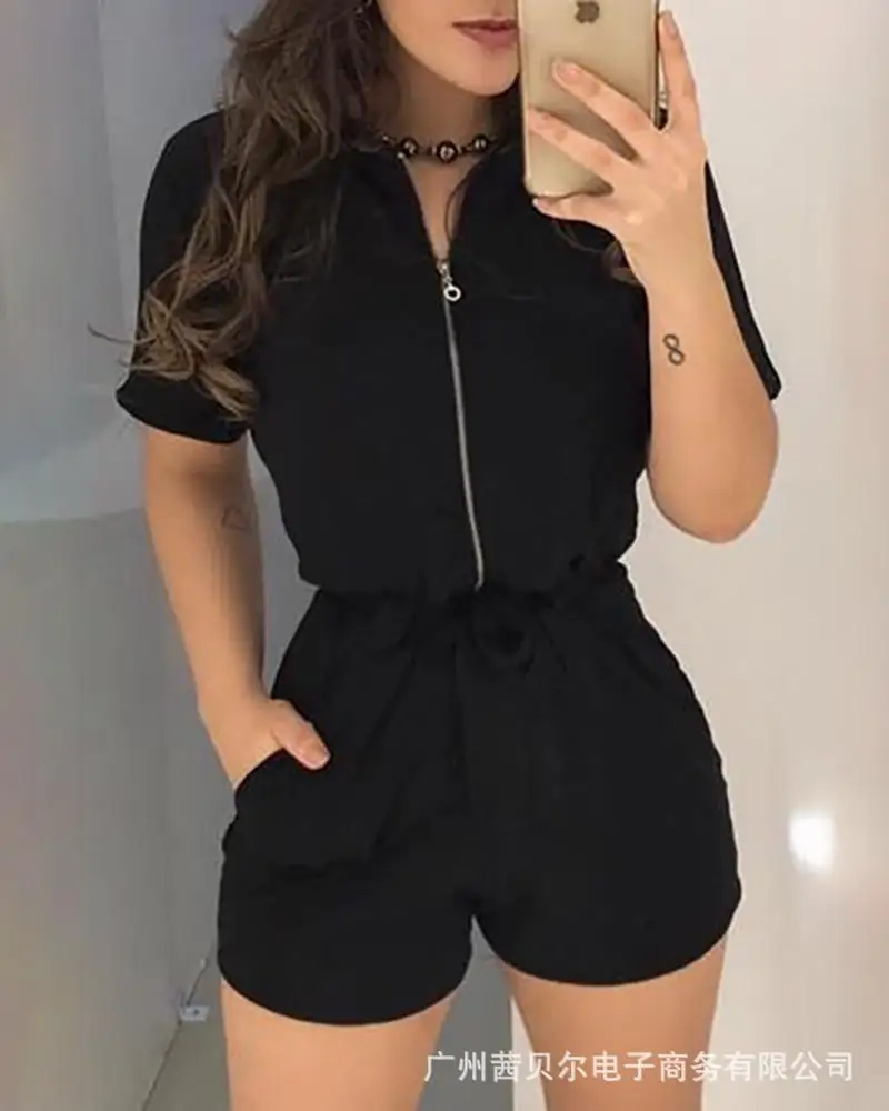 

Комбинезон с завышенной талией для женщин, комбинезон на молнии с коротким рукавом и отворотом, Новинка лета 2022, черный Свитшот со шнуровкой