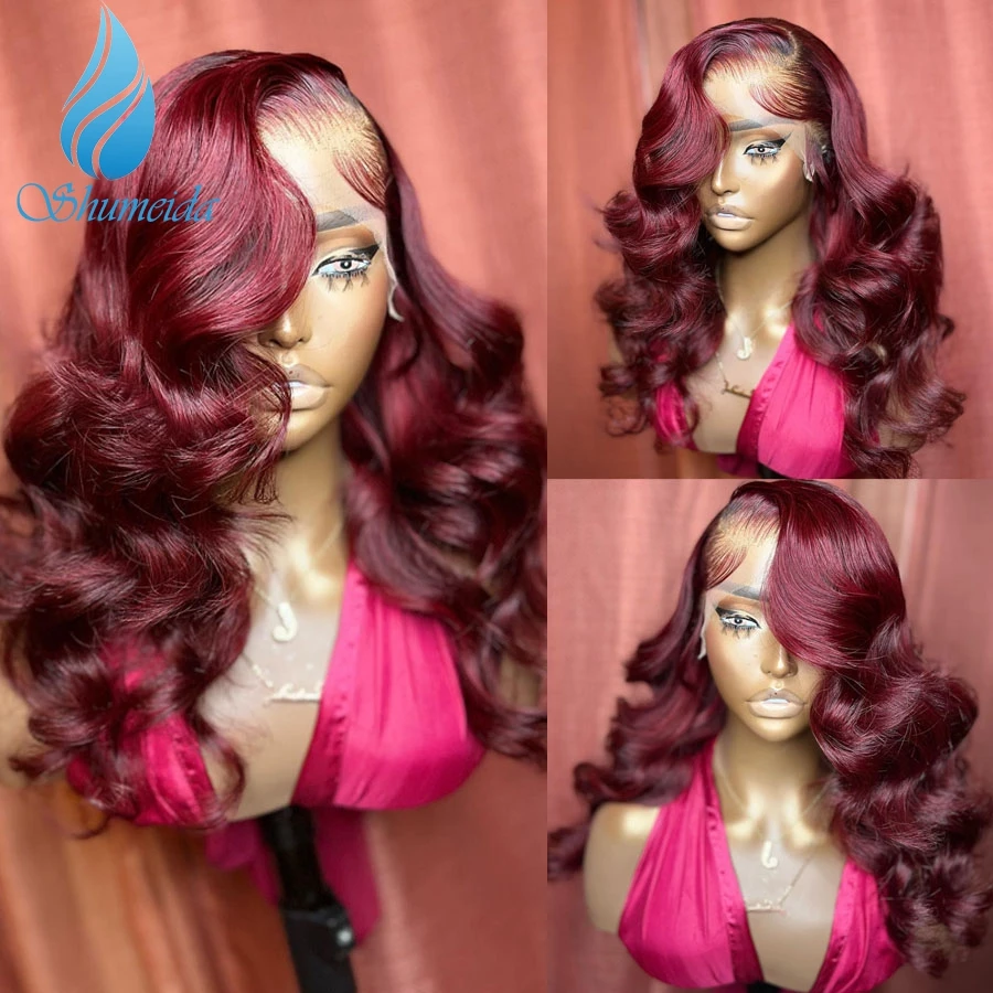

Shumeida 99j Red Color 13*6 Lace Front Wig Brazilian Remy Human Hair Gluelss Wigs for Women PrePlucked Hairline With Baby Hair