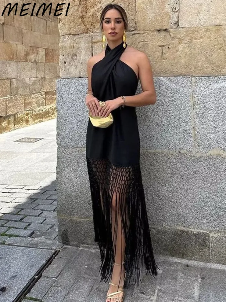 

Women Fashion Sexy Halter Backless Sleeveless Hem Tassel Black Dress Chic Elegant Party Club Dresses Casual Beach Long Dress