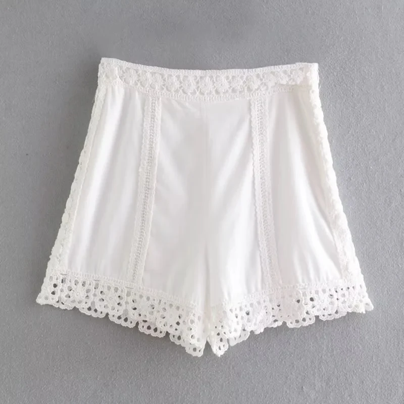 Dave&Di Cotton Linen Harem Shorts Casual Bermuda Women Indie Folk Vintage Patchwork Crochet Hook Knitted Fashion Shorts