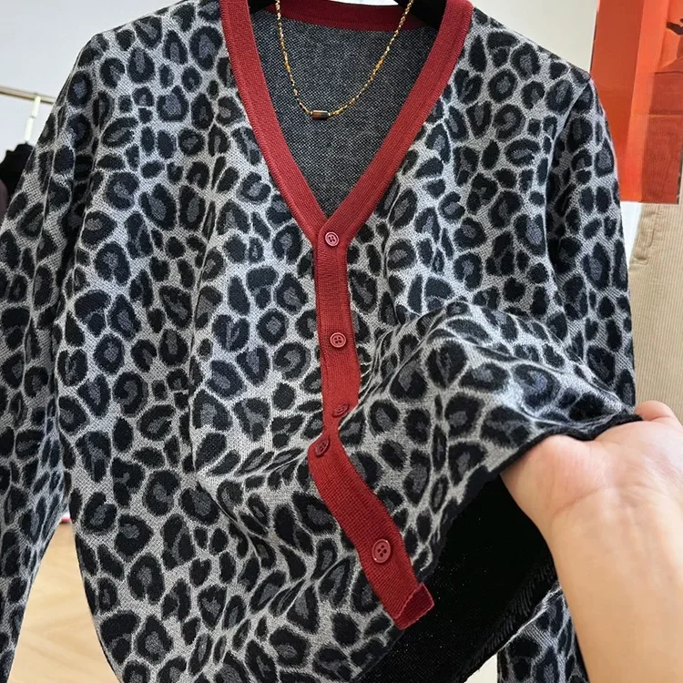 Высококачественный винтажный леопардовый свитер без шнуровки женский вязаный