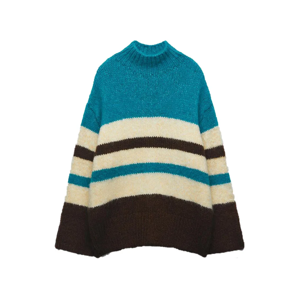 

2022 autumn and winter new fashion women's loose long-sleeved pullover standing collar striped knitwear