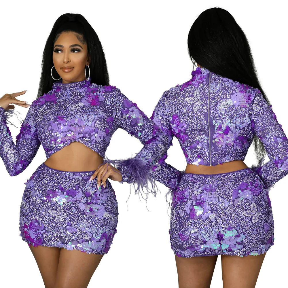 

Echoine Luxurious and customized Glitter Purple Floral Sequin Feather Sleeve Crop Top Mini Skirt Set Skinny Two Piece Set 2022