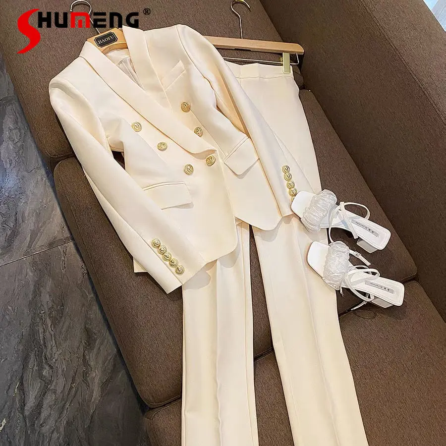 

French British Business Outfits Wear long sleeve slimming Double Breasted Suit Coat Cropped Pants Women's Elegant Two-Piece Set