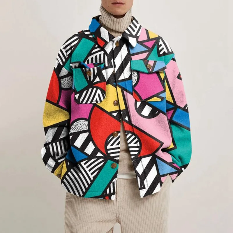 Осень 2021 Модные свободные пальто с абстрактным принтом Мужская хипстерская
