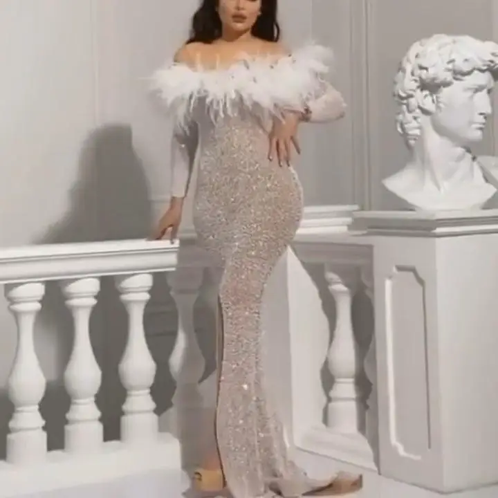 

2022 Sexy Gold Feather Slit Pack Hip Party Evening Dress white dress dresses