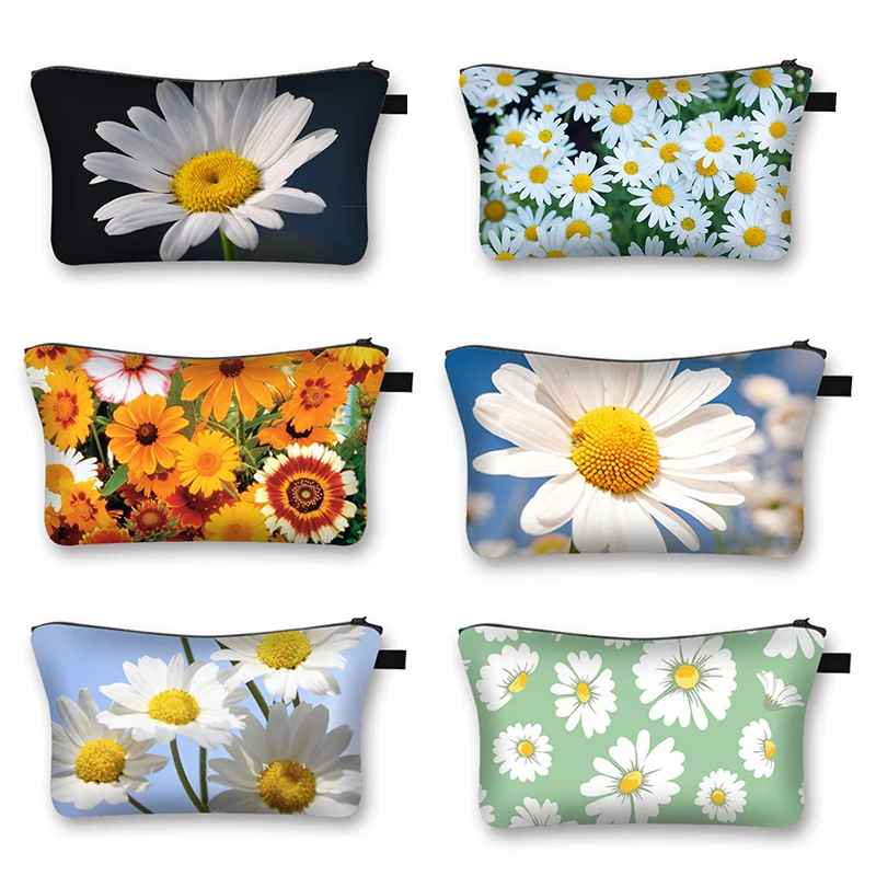 

Женская косметичка с принтом маргаритки/подсолнуха, Повседневная сумка для хранения с цветочным рисунком для девочек, женская сумка для путешествий, косметичка, светильник