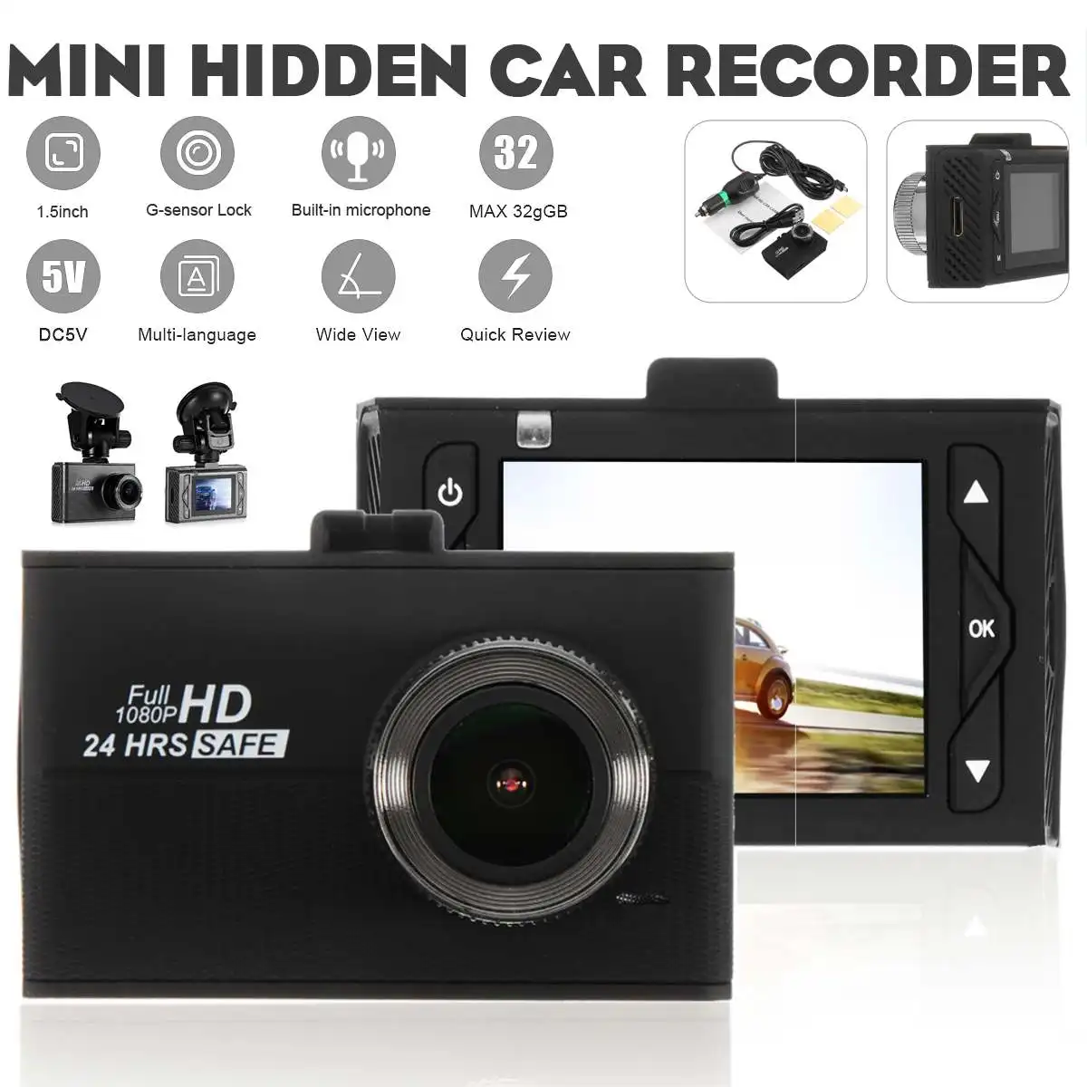 Car DVR Video Recorder Dash Camera 1080P Rear View 170 Degree Lens Full HD G Sensor Portable Cycle Recording Dash Cam Dashcam