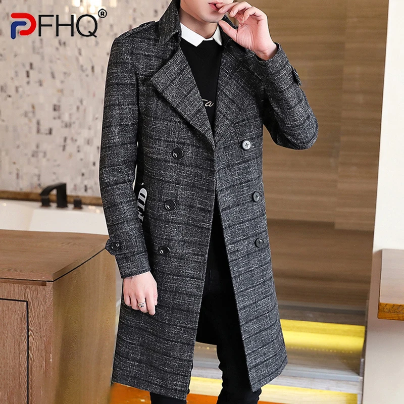 

PFHQ 2022 Trendy Men's Woolen Long Coat Windbreaker British Autumn Winter Plaid Luxury Gentleman Elegant Wool Trench New Clothes