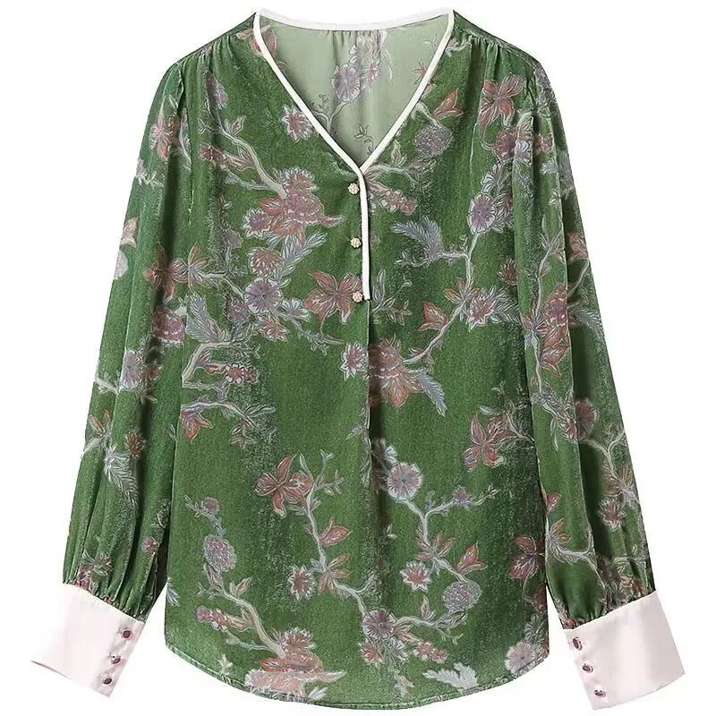 

Fashion Woman Blouse 2023 Autumn Winter Shirts New Fashion Print V Neck Loose Design Top Camisas De Mujer