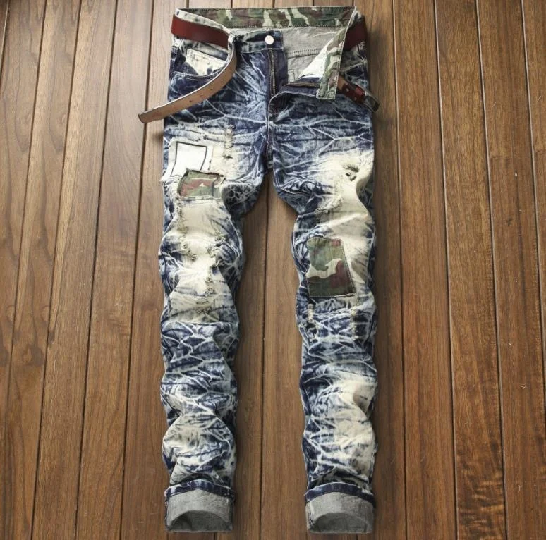 

High Quality destroyed Men's camouflage cotton patchwork denim biker jeans patches ripped slim fit pants