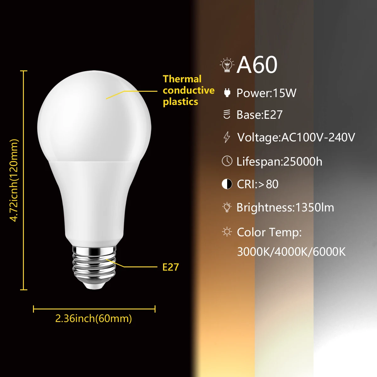 1-10 шт. светодиодные лампы ahorro de Energy A60 AC120V 220V E27 B22 15W 100LM/W супер яркий теплый белый