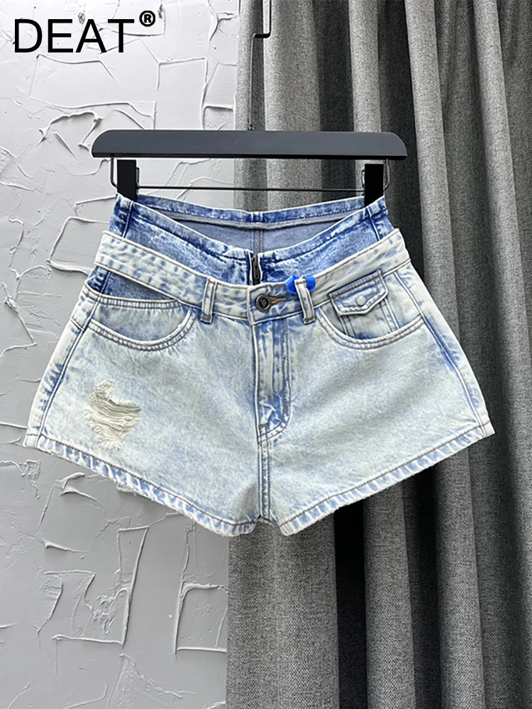 

DEAT Women's Denim Shorts Double Layer Waist High Waist Blue Distressed Wide Leg Short Pants 2023 Summer New Fashion 29L3156