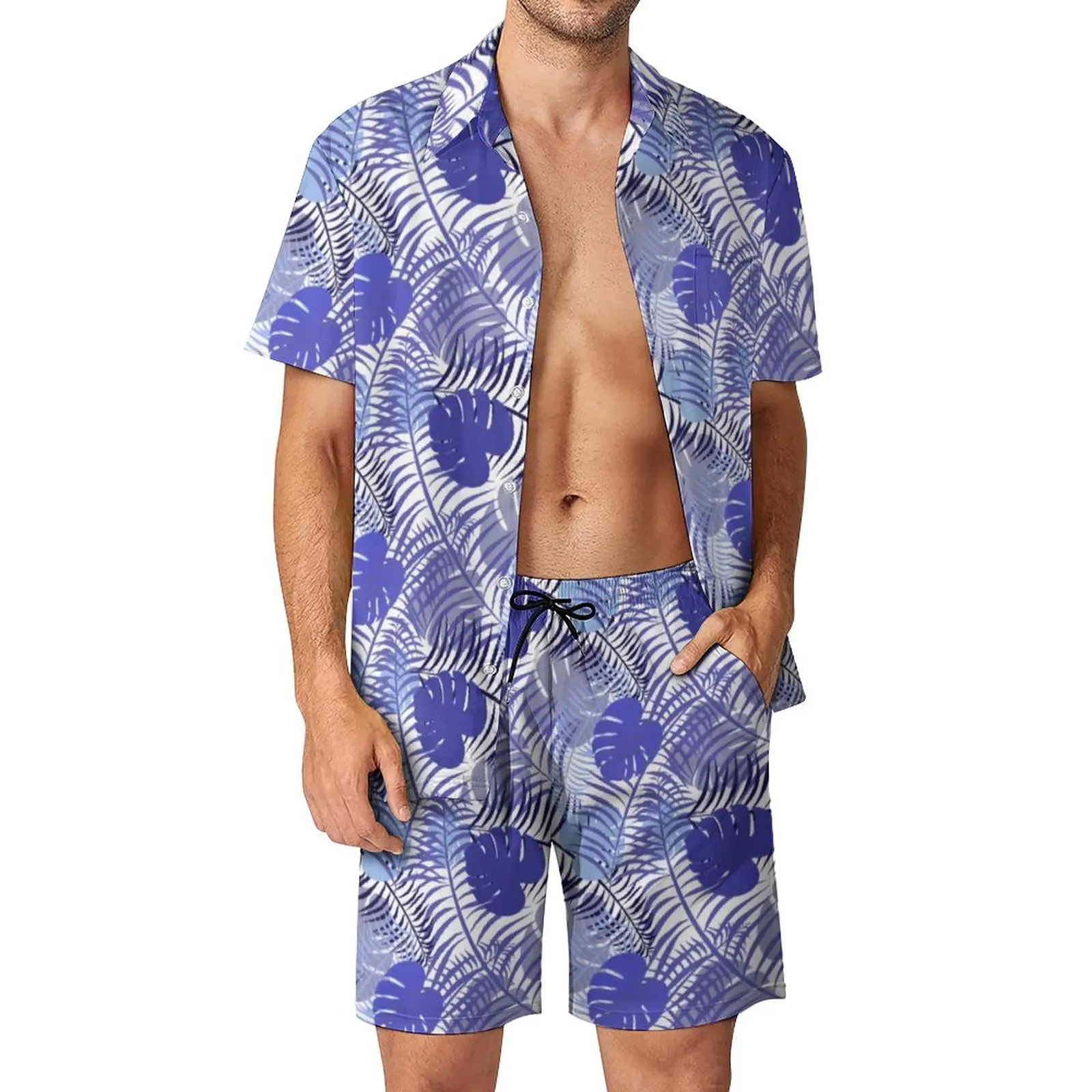 

Tropical Palm Leaf Men Sets Blue Leaves Print Casual Shorts Outdoor Shirt Set Summer Trending Suit Short-Sleeve Oversized